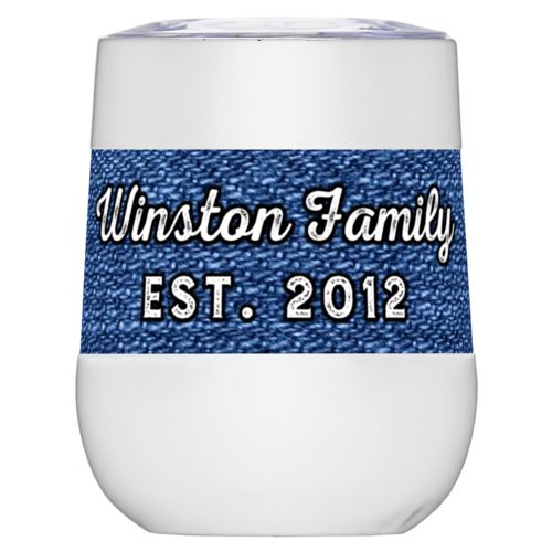 Personalized insulated wine tumbler personalized with denim industrial pattern and the saying "Winston Family Est. 2012"