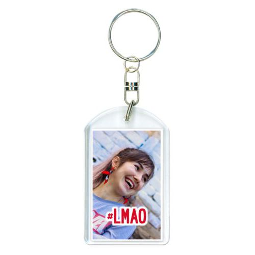 Personalized plastic keychain personalized with photo and the saying "#lmao"