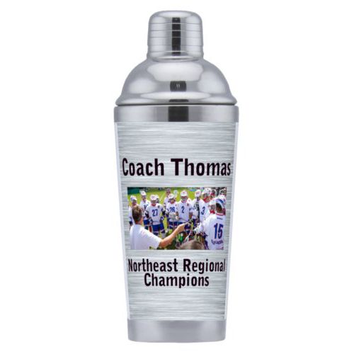 Coctail shaker personalized with steel industrial pattern and photo and the sayings "Coach Thomas" and "Northeast Regional Champions"