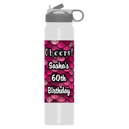 Insulated water bottle personalized with pink mermaid pattern and the saying "Cheers! Sasha's 60th Birthday"