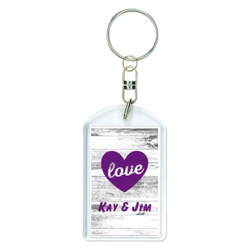 Personalized plastic keychain personalized with white rustic pattern and the sayings "love" and "Kay & Jim"