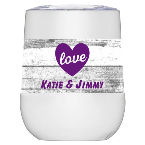 Personalized insulated wine tumbler personalized with white rustic pattern and the sayings "love" and "Katie & Jimmy"