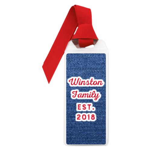 Personalized book mark personalized with denim industrial pattern and the saying "Winston Family Est. 2018"