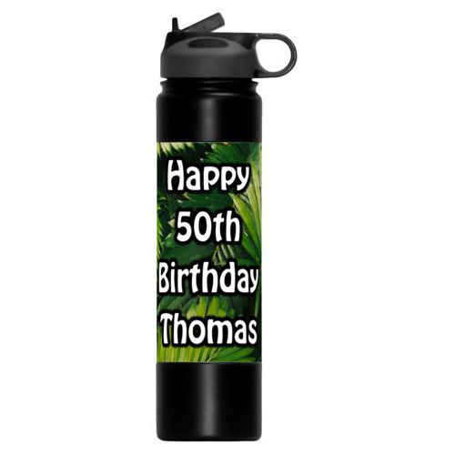 Insulated water bottle personalized with plants fern pattern and the saying "Happy 50th Birthday Thomas"