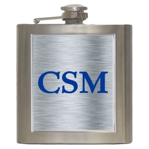 Personalized 6oz flask personalized with steel industrial pattern and the saying "CSM"