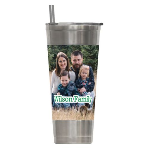 Personalized insulated steel tumbler personalized with photo and the saying "Wilson Family"