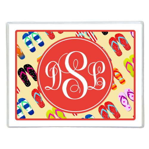 Personalized note cards personalized with flip flops pattern and monogram in red orange