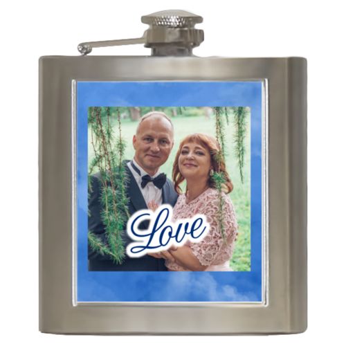 Personalized 6oz flask personalized with blue cloud pattern and photo and the saying "love"