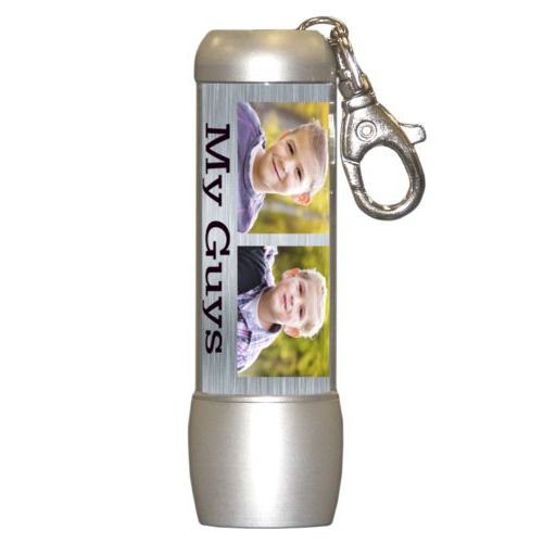 Personalized flashlight personalized with steel industrial pattern and photo and the saying "My Guys"