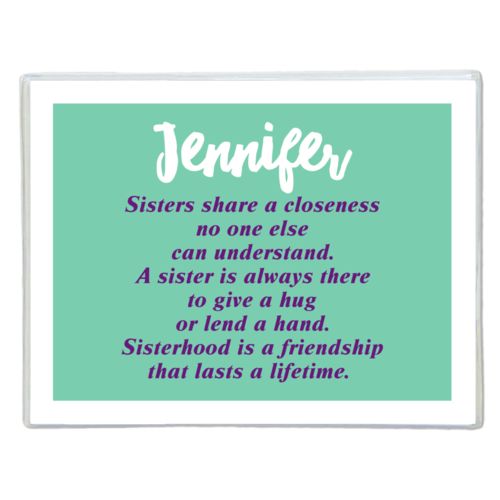 Personalized note cards personalized with the sayings "Sisters share a closeness no one else can understand. A sister is always there to give a hug or lend a hand. Sisterhood is a friendship that lasts a lifetime." and "Jennifer"