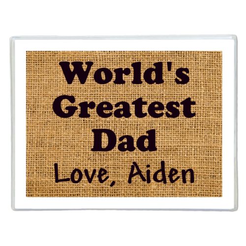 Personalized note cards personalized with burlap industrial pattern and the saying "World's Greatest Dad Love, Aiden"