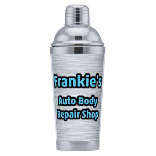 Coctail shaker personalized with steel industrial pattern and the saying "Frankie's Auto Body Repair Shop"