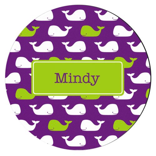 Personalized coaster personalized with whales pattern and name in orchid and juicy green