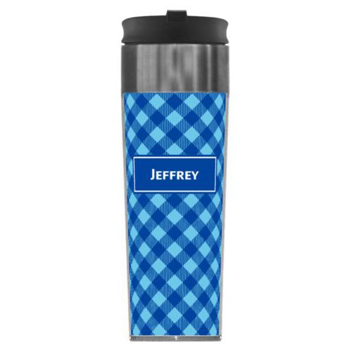 Personalized steel mug personalized with check pattern and name in ultramarine