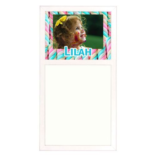 Personalized white board personalized with sweets twist pattern and photo and the saying "Lilah"