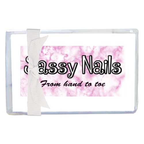 Personalized enclosure cards personalized with pink marble pattern and the sayings "Sassy Nails" and "From hand to toe"