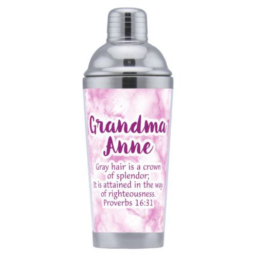 Coctail shaker personalized with pink marble pattern and the saying "Grandma Anne Gray hair is a crown of splendor; It is attained in the way of righteousness. Proverbs 16:31"