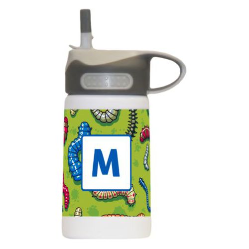 Boys water bottle personalized with worms pattern and initial in cosmic blue