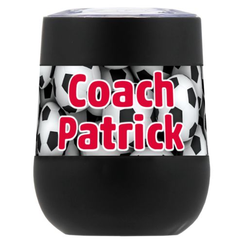Personalized insulated wine tumbler personalized with soccer balls pattern and the saying "Coach Patrick"