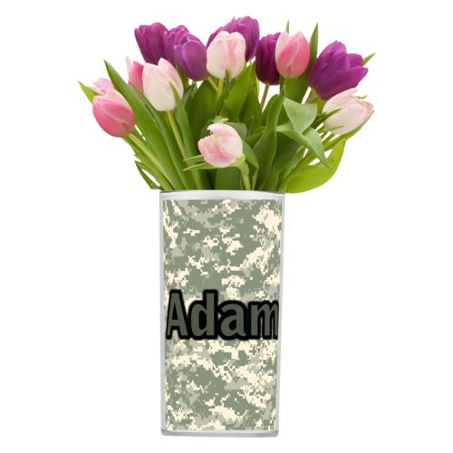Personalized vase personalized with army camo pattern and the saying "Adam"