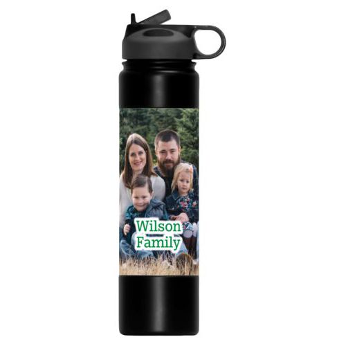 Personalized water bottle personalized with photo and the saying "Wilson Family"