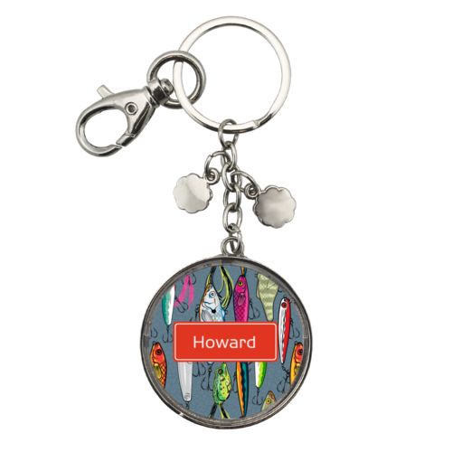 Personalized metal keychain personalized with fishing lures pattern and name in strong red