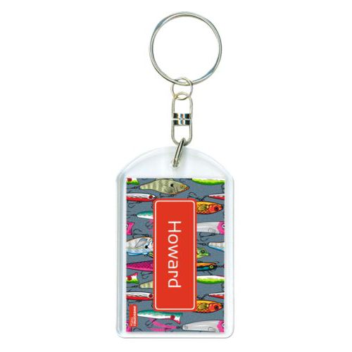 Personalized keychain personalized with fishing lures pattern and name in strong red