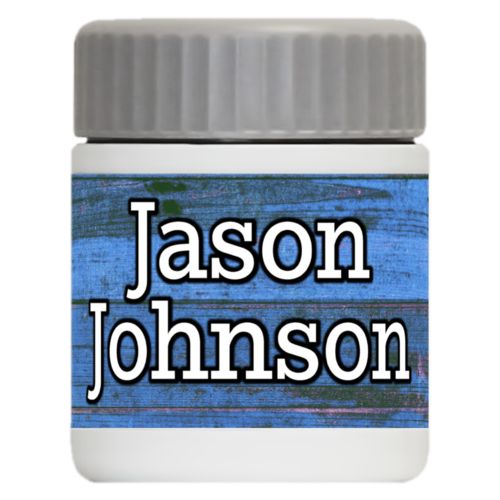 Personalized 12oz food jar personalized with sky rustic pattern and the saying "Jason Johnson"