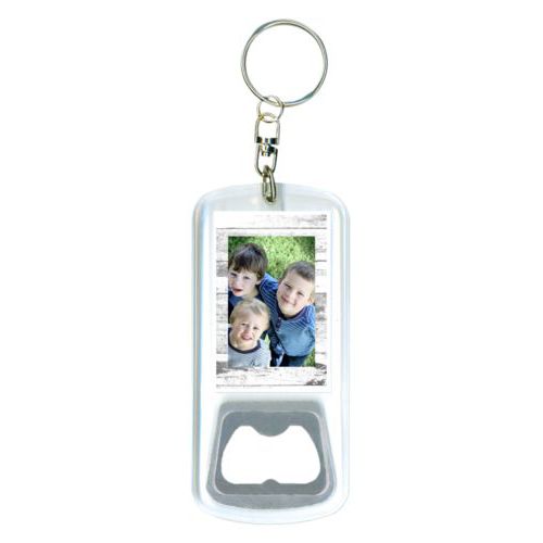 Personalized bottle opener personalized with white rustic pattern and photo