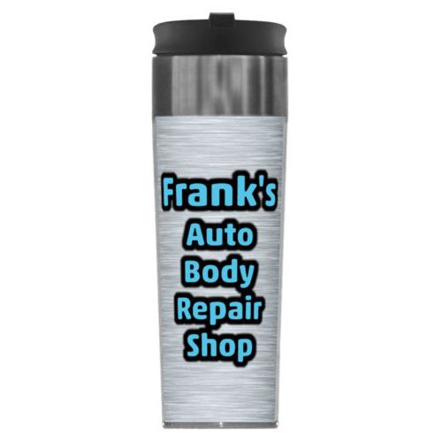 Personalized steel mug personalized with steel industrial pattern and the saying "Frank's Auto Body Repair Shop"