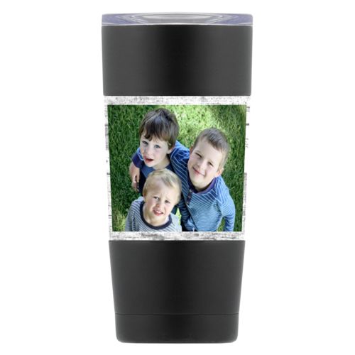 Personalized insulated steel mug personalized with white rustic pattern and photo