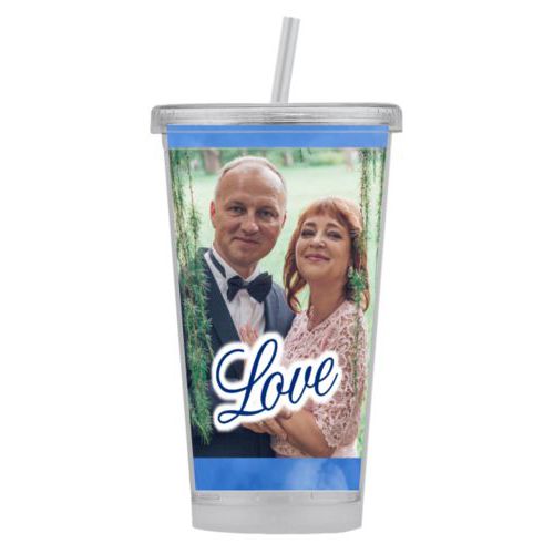 Personalized tumbler personalized with blue cloud pattern and photo and the saying "love"