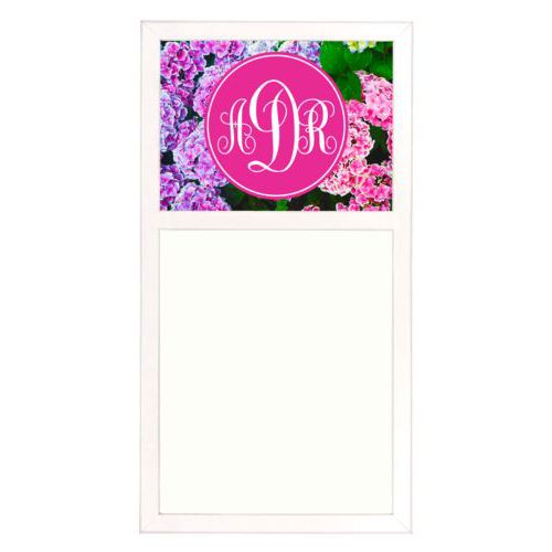 Personalized white board personalized with hydrangea pattern and monogram in pink