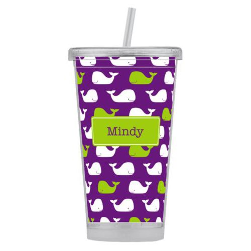 Personalized tumbler personalized with whales pattern and name in orchid and juicy green