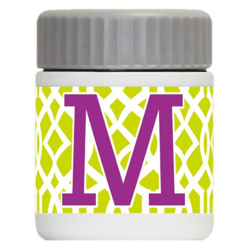 Personalized 12oz food jar personalized with ironwork pattern and the saying "M"