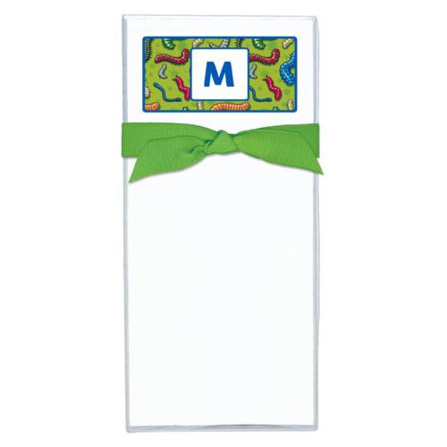 Personalized note sheets personalized with worms pattern and initial in cosmic blue