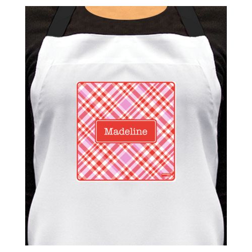 Personalized apron personalized with tartan pattern and name in red punch and thistle