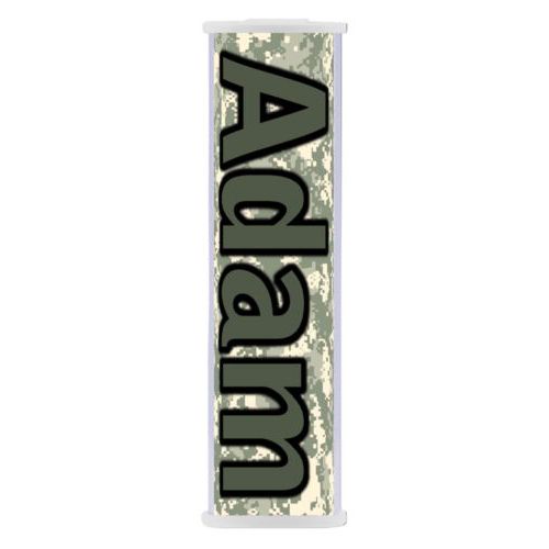 Personalized backup phone charger personalized with army camo pattern and the saying "Adam"