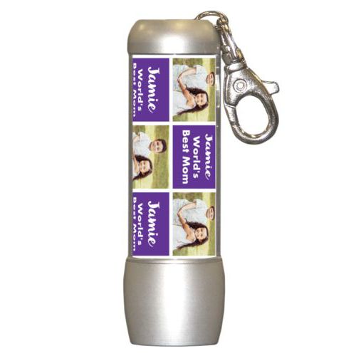 Personalized flashlight personalized with a photo and the saying "Jamie World's Best Mom" in purple and white