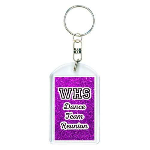 Personalized plastic keychain personalized with fuchsia glitter pattern and the saying "WHS Dance Team Reunion"