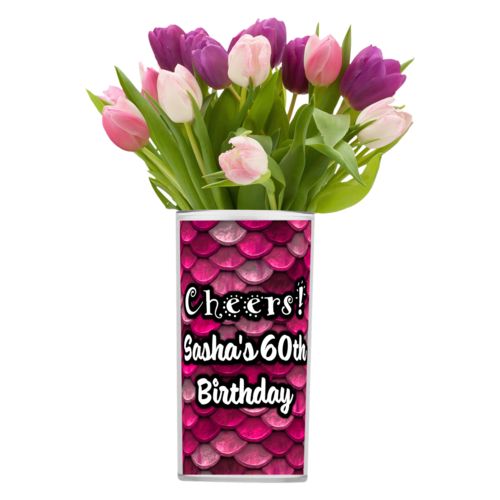 Personalized vase personalized with pink mermaid pattern and the saying "Cheers! Sasha's 60th Birthday"