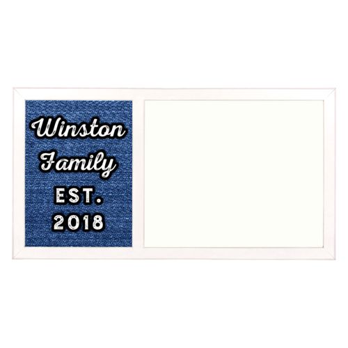 Personalized white board personalized with denim industrial pattern and the saying "Winston Family Est. 2018"