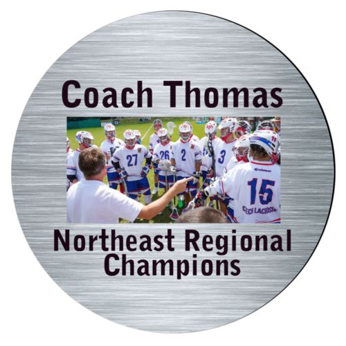 Personalized coaster personalized with steel industrial pattern and photo and the sayings "Coach Thomas" and "Northeast Regional Champions"