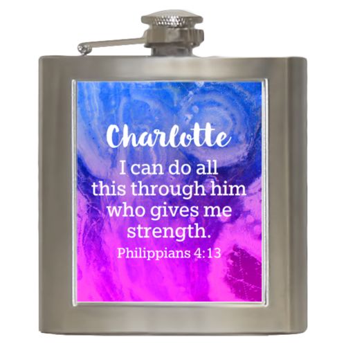 Personalized 6oz flask personalized with ombre amethyst pattern and the saying "Charlotte I can do all this through him who gives me strength. Philippians 4:13"