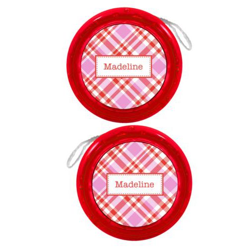 Personalized yoyo personalized with tartan pattern and name in red punch and thistle