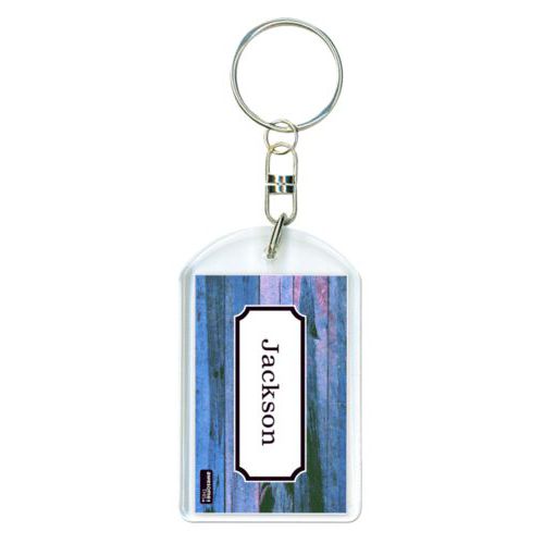 Personalized plastic keychain personalized with sky rustic pattern and name in black licorice