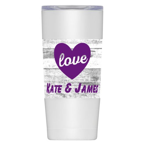 Personalized insulated steel mug personalized with white rustic pattern and the sayings "love" and "Kate & James"