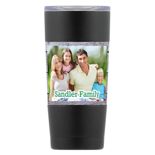 Personalized insulated steel mug personalized with grey wood pattern and photo and the saying "Sandler Family"