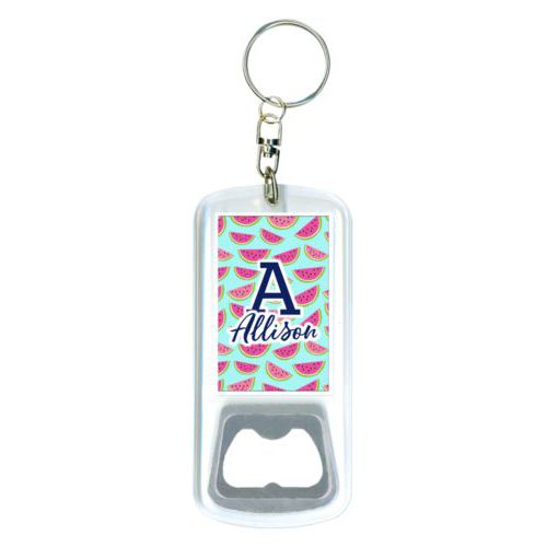 Personalized bottle opener personalized with fruit watermelon pattern and the sayings "A" and "Allison"