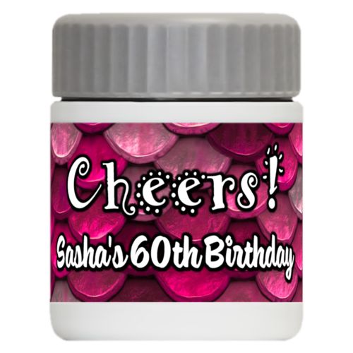 Personalized 12oz food jar personalized with pink mermaid pattern and the saying "Cheers! Sasha's 60th Birthday"